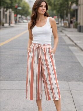 Coral and White Striped Wide-Leg Tie Waist Pants